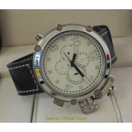 50mm GEERVO right hand crown White dial Automatic Self-Wind movement Auto Date Mens watch cow Leather strap 126A