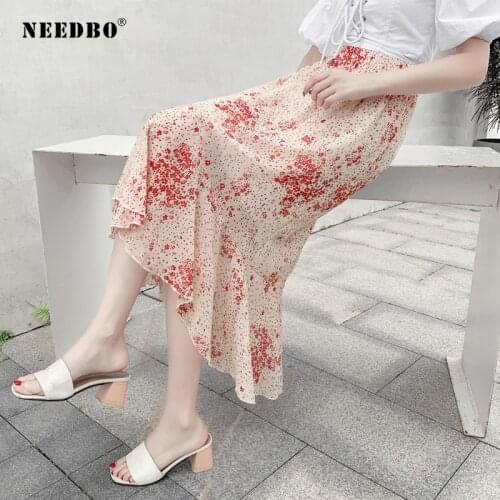 NEEDBO Chiffon Midi Skirt Flowers Print High Waist Women Skirt Casual Beach Vintage Faldas Jupe Femme Elastic irregular Skirts