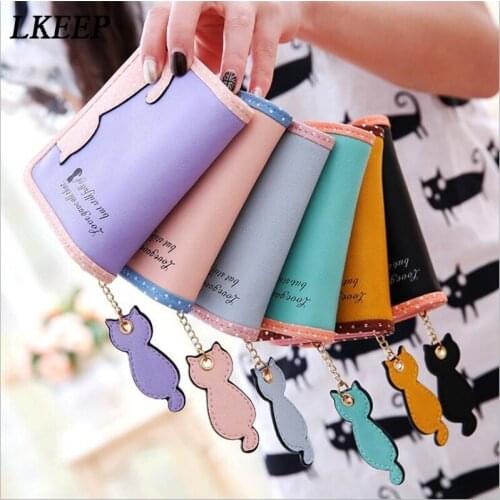 New Fashion Women Short Wallet Cat Polka Dot Printing Cartoon Coin Purse Bags PU Handbags Card Holder Female Wallets