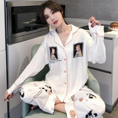 Summer White Satin Pyjamas Femme Korean Cute Cartoon Pajamas Women Sleepwear 2021 Nightwear PJ Nuisette Ice Silk Pijama Homewear