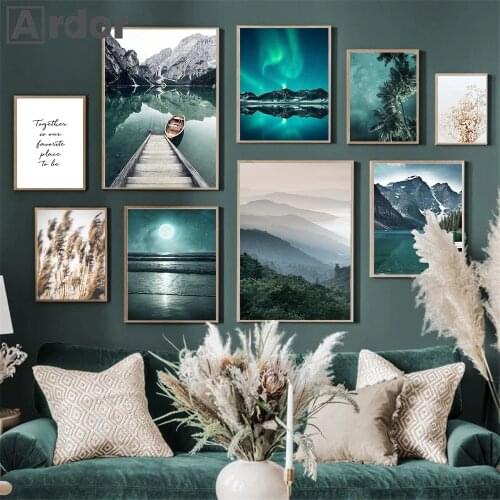 Scandinavia Mountain Lake Boat Wall Art Poster Flower Plant Art Print Aurora Landscape Quotes Canvas Painting Modern Home Decor
