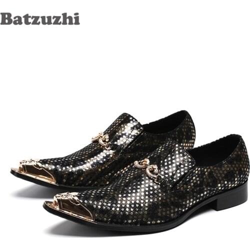 Batzuzhi Italy Style Mens Shoes Pointed Metal Tip Genuine Leather Dress Shoes Men Black Zapatos Hombre Slip On Formal Business