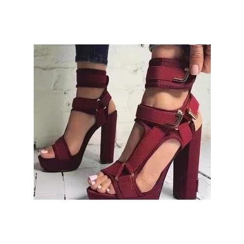 Dipsloot Women Elegant Mixed Color Chunky Heel Sandals Platform Metal Buckle Strap Dress Shoes Yellow Burgundy Wedding Heels