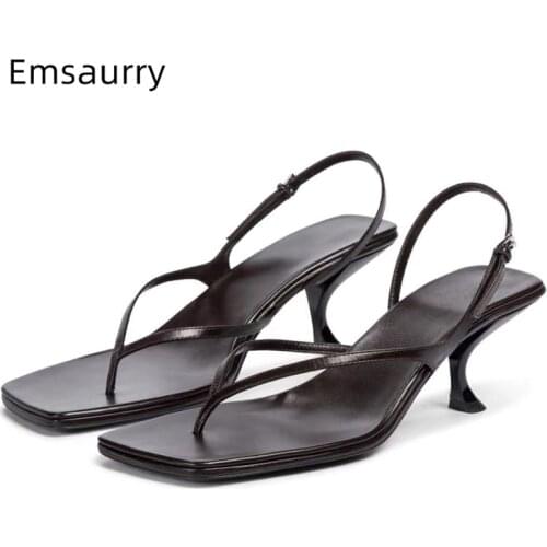 Sexy Kitten Heel Concise Summer Sandalias Mujer Narrow Band Genuine Leather Slip-on Runway Sandals Women