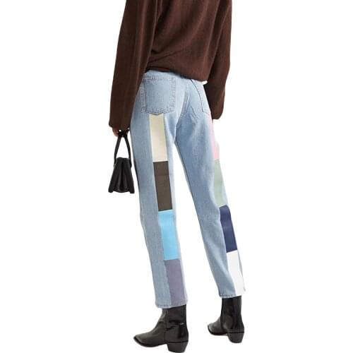 Women Jeans Boyfriend Straight Leg Jeans Casual High Waist Jeans Color Block Back Loose Denim Pants