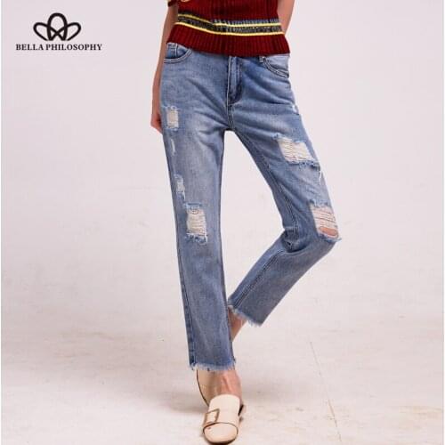 Bella Philosophy Spring hole jeans female blue jeans women fashion mid waist pants cotton ripped jeans for women trousers
