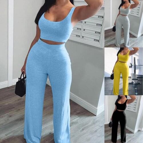 Summer Women Hot Sexy Navel Exposed High Waist Sling Tops Wide Leg Pants Suit Ladies U Neck Tube Top Flared Pants Suit