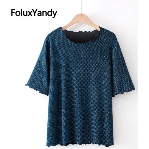 Bright Silks Tops Women Short Sleeve Tops O-neck Casual Ruffles Plus Size T-Shirt KKFY5623