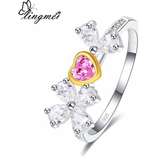 Lingmei Exquisite Heart Flower Jewelry Yellow & Pink Cubic Zircon Silver ColorRing Size 6-9 Wedding Women Bohemia Style