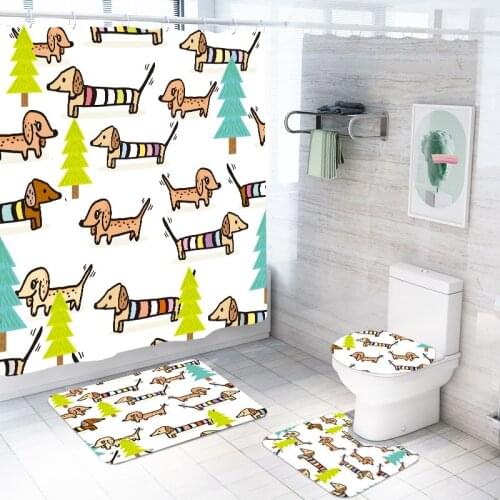 3/4 Pieces Cartoon Animals Shower Curtains Sets 3D Print Cute Dogs Bathroom Sets Lovely Dogs Bath Mat Toilet Cover Floor Mat