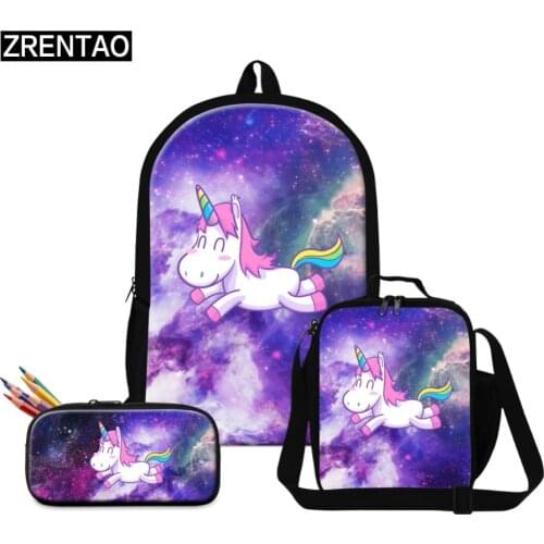 ZRENTAO 3 PCS\set unicorn backpack for school children pencil pouch coolers mochilas rugzak double shoulder bookbags travel bags