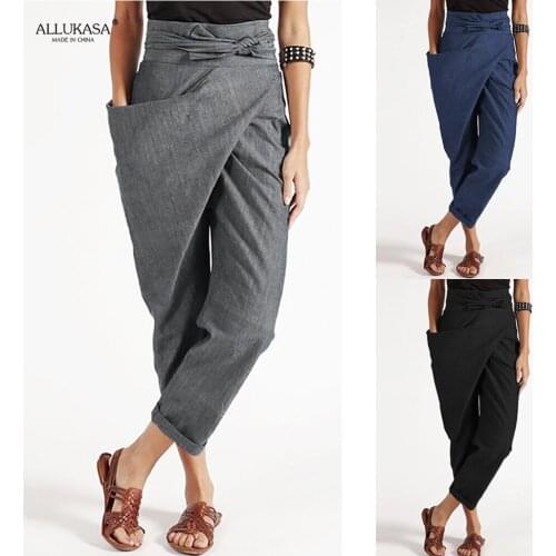 Plus Size Pants Womens Casual Loose High Waist Lace Up Strap Solid One Side Pocket Summer 2021 Women Trousers Comfort Pants