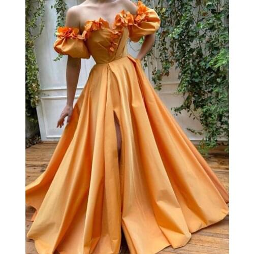 Long Satin Flowers Off Shoulder Evening Dresses 2021 High Split Formal Evening Party Dress Robe De Soiree