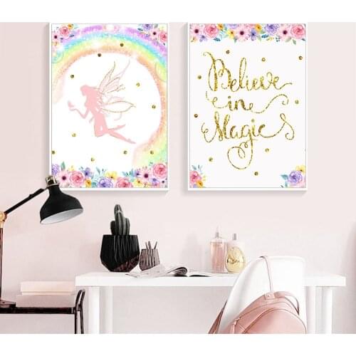 Baby Girl Nursery Quotes Canvas Poster Fairy Cartoon Wall Art Print Painting Decorative Picture Nordic Kids Bedroom Decoration
