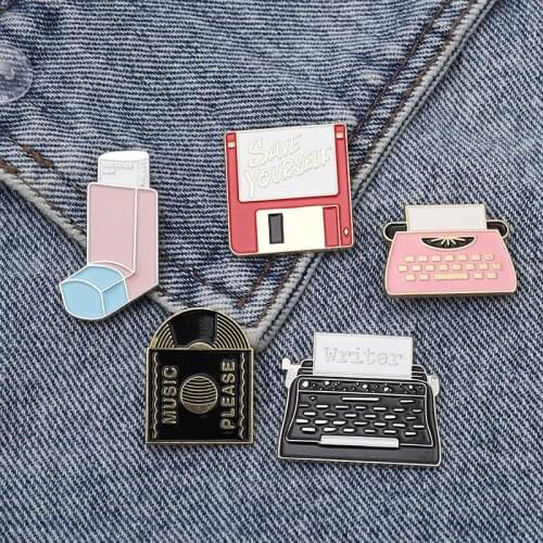Enamel CD Record Typewriter Brooch USB Flash Storage Clothespin Lapel Punk Brooch Party Gift Trinket