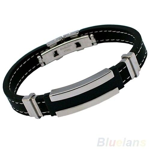 Mens Black Stainless Steel Rubber Bracelet Bangles 08J1
