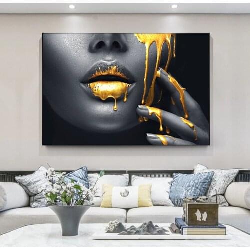 Wall art Black Africa Woman Golden Lip Portrait Canvas Painting Posters and Prints Wall Art Picture for Living Room Home Decor