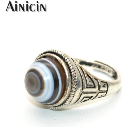 Natural Black Agate Single Eyes Tibetan Dzi Beads Ancient Silver Color Adjustable Finger Rings For Mens Wild Jewelry Gift
