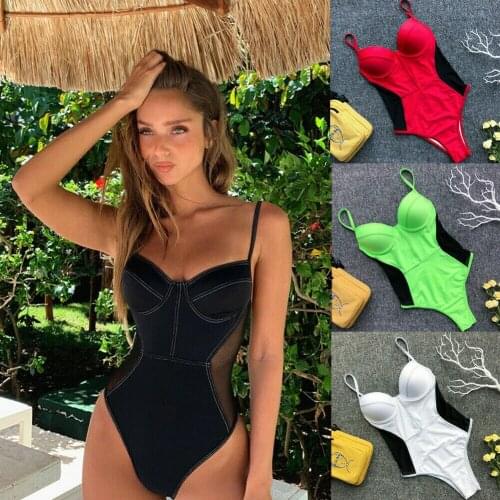 New Style Womens One-Piece Suits Pad Bikini Swimming Costume Backless One Piece Swimsuit Monokini Patchwork Swimwear Hot 2019