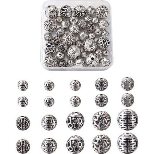 50pcs Antique Silver Color Hollow Round Tibetan Vintage Alloy Carved Loose Beads for DIY Bracelets Necklace Jewelry Craft Making