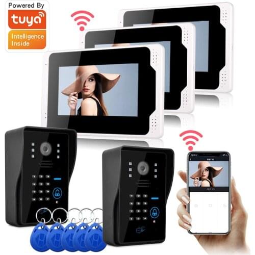 Tuya APP Control Video Intercom 7 Inch LCD Wifi Wireless Video Door Phone Doorbell Fingerprint Password RFID 2 Camera 3 Monitor