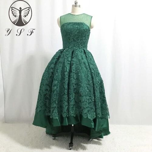 Simple Prom Dresses Illusion O Neck Lace Sleeveless Short Front Long Back High Low Vestidos De Formature 2018