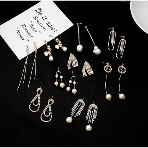 Korea Simple Gold Silver Color Geometric Long Drop Earrings for Women Shiny Rhinestones Pearl Tassel Earrings Party Jewelry