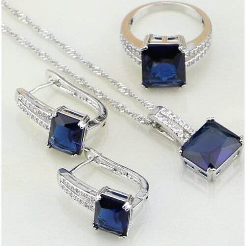 Blue Rhinestone White CZ Costume Jewelry 925 Silver Bridal Jewelry Sets for Women Wedding Earring/Pendant/Necklace/Ring