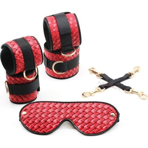 Smspade 4 pieces/lot red PU bondage kit, handcuffs ankle cuffs blindfold hog tie restraints set, fetish sex toys ST-2016 K
