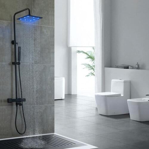 Thermostatic Bathroom Shower Faucet Set 10 Inch Exposed System LED Rain Bath Shower Head Brass Hand Shower