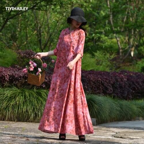 TIYIHAILEY Free Shipping Vintage Print A-line Long Maxi Dress Women half Sleeve Loose Dress Summer Cotton Linen Chinese Style