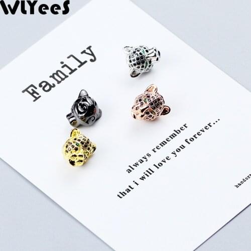 WLYeeS 2pcs CZ Green Eye Leopard head Copper beads Black Zircon Metal Charm Loose beads fit custom Jewelry bracelet DIY Finding