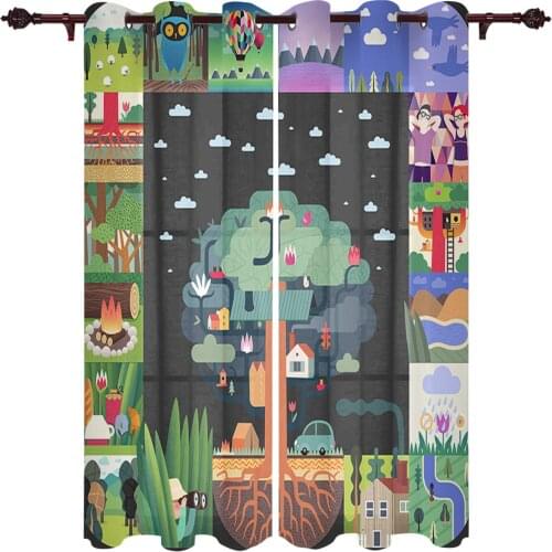 Big Tree Lattice Cartoon Kitchen Curtain Kids Bedroom Living Room Balcony French Windows Curtain Fabric Pergola Bathroom