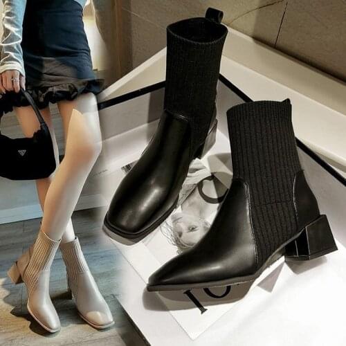 Womens boots British style shoes shoes Martin boots square toe thick heel short boots sleeve socks boots stretch cloth X906