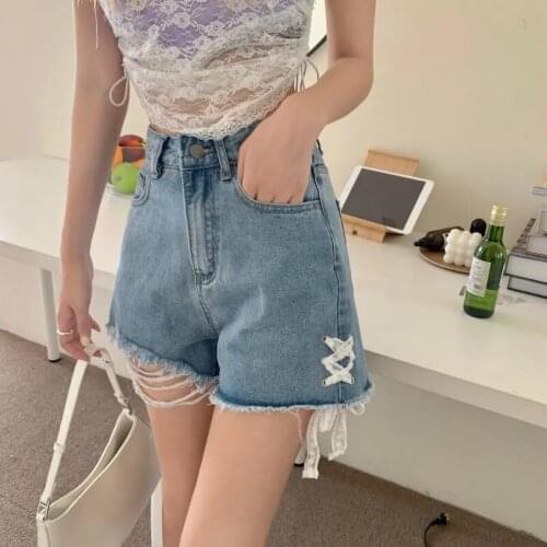 SLPBELY Summer High Waist Denim Shorts For Women Blue Sexy Bandage Short Jeans Korean Style Harajuku Fashion Lace Up Shorts New