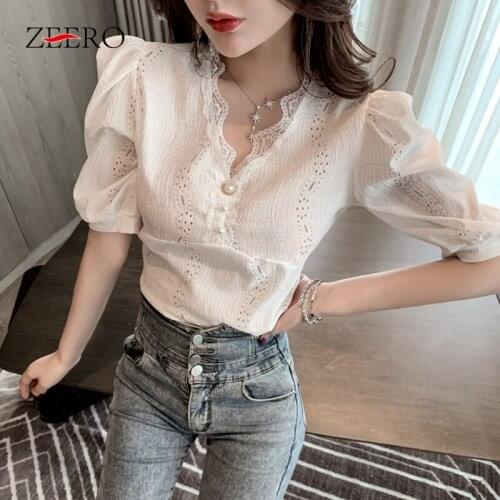 Korean Lace Patchwork Hollow Out Puff Half Sleeve Womens Tops and Blouses Female V Neck Beading Summer Ladies Shirt Blusas Mujer
