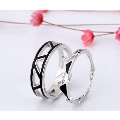 BUDROVKY Hot Sale New 925 Sterling Silver Fashion Personality Prismatic Couple open Ring Simple Black Hollow Corner Jewelry