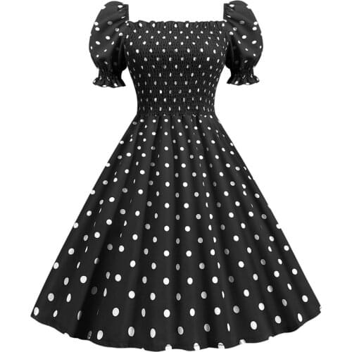 Women Dress Casual Short Puff Sleeve Square Collar Retro Polka Dot Print Large Dress Vintage Elegant Plus Size Summer Dresses