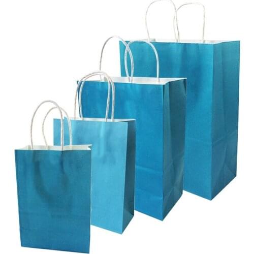 10 Pcs/lot Festival Gift Kraft Bag Blue Shopping Bags DIY Multifunction Recyclable Paper Bag With Handles 4 Size Optional