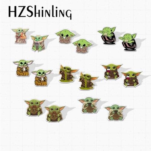 2021 New Arrival Lovely Space Aliens Baby Yoda Loves Wine Pizza Epoxy Acrylic Earrings Handcraft Resin Stud Earrings