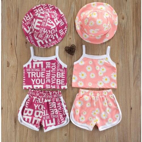 3 Pcs Infant Summer Outfits Baby Girls Flower/Letter Print U-shaped Neck Tank Tops Shorts =Wide-brim Hat Outfits Childrens Sets