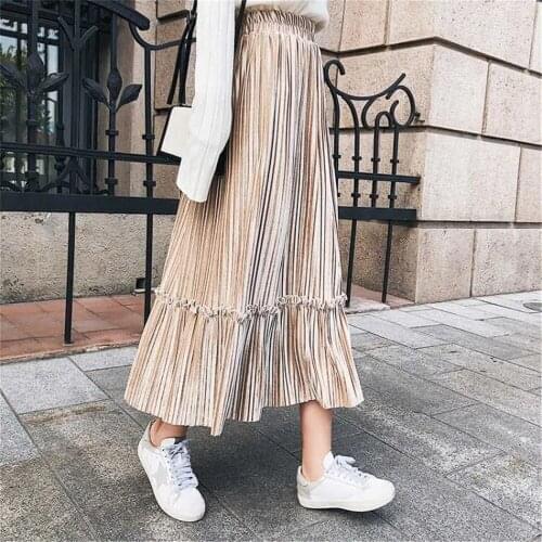 Black Solid Color Female Vintage Long Velvet Pleated Skirt Women Autumn Winter Elegant Fashion Ladies High Waist A Line Skirt