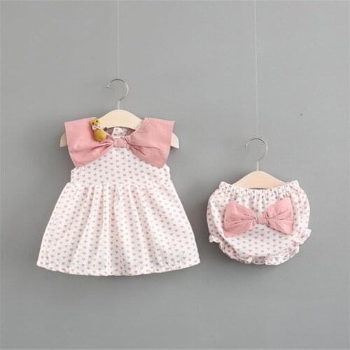 Baby Girls Sleeveless Dot Big Bow Top Dresses+Big Bow Decor PP Short 2PCS Clothing Sets Casual Baby Girls Summer Sets