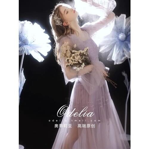 Elegant Lavender Bridesmaid Dresses Square Collar 2021 Tulle Puff Sleeve Long Lace Ruffles Formal Grduation Prom Pageant Gowns