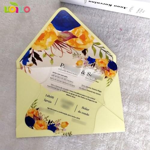 Customized printing gold and navy blue flower wedding invitation card acrylic card wedding invitation card with envelop