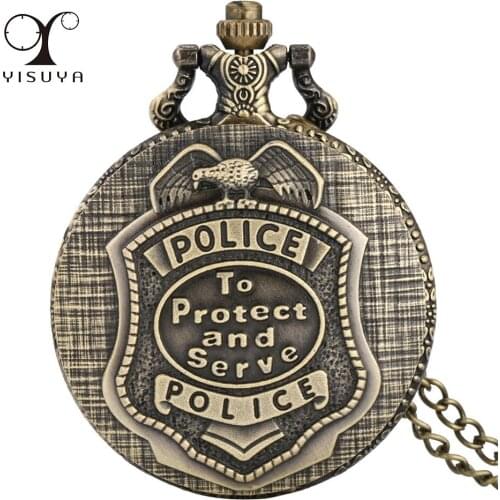 Exquisite Bronze Quartz Pocket Watch Police To Protect and Serve Pattern Necklace Pendant Clock Gifts Men Women Vintage Watches