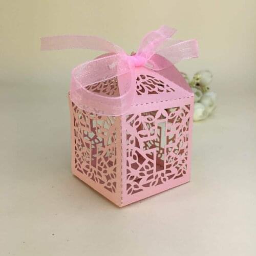 Baptism Favor Boxes with Ribbons, Cross Laser Cut Favor Box for Christening Birthday Wedding Party, Bomboniere Decoration, 50 Pa