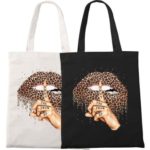 Cute Black Casual Bags For Girls Women Canvas Shoulder Bag Leopard Lips Print Simple Handbag Tote Large Capacity Shopping Bag