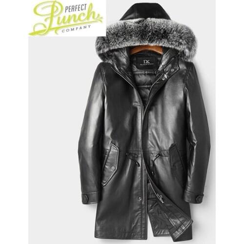 Sheepskin Mens Coat Genuine Leather Winter Duck Down Jacket Men Fox Fur Collar Hooded Long Coat 91Z1901 YY289