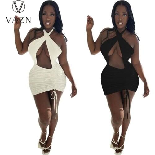 VAZN 2020 New White Black Color Sleeveless Halter Backless Women Elegant Sexy Club Special Fashion Women Dress